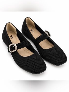 WS Black Knit Mary Jane Flats Square Toe Silver Buckle EU 40